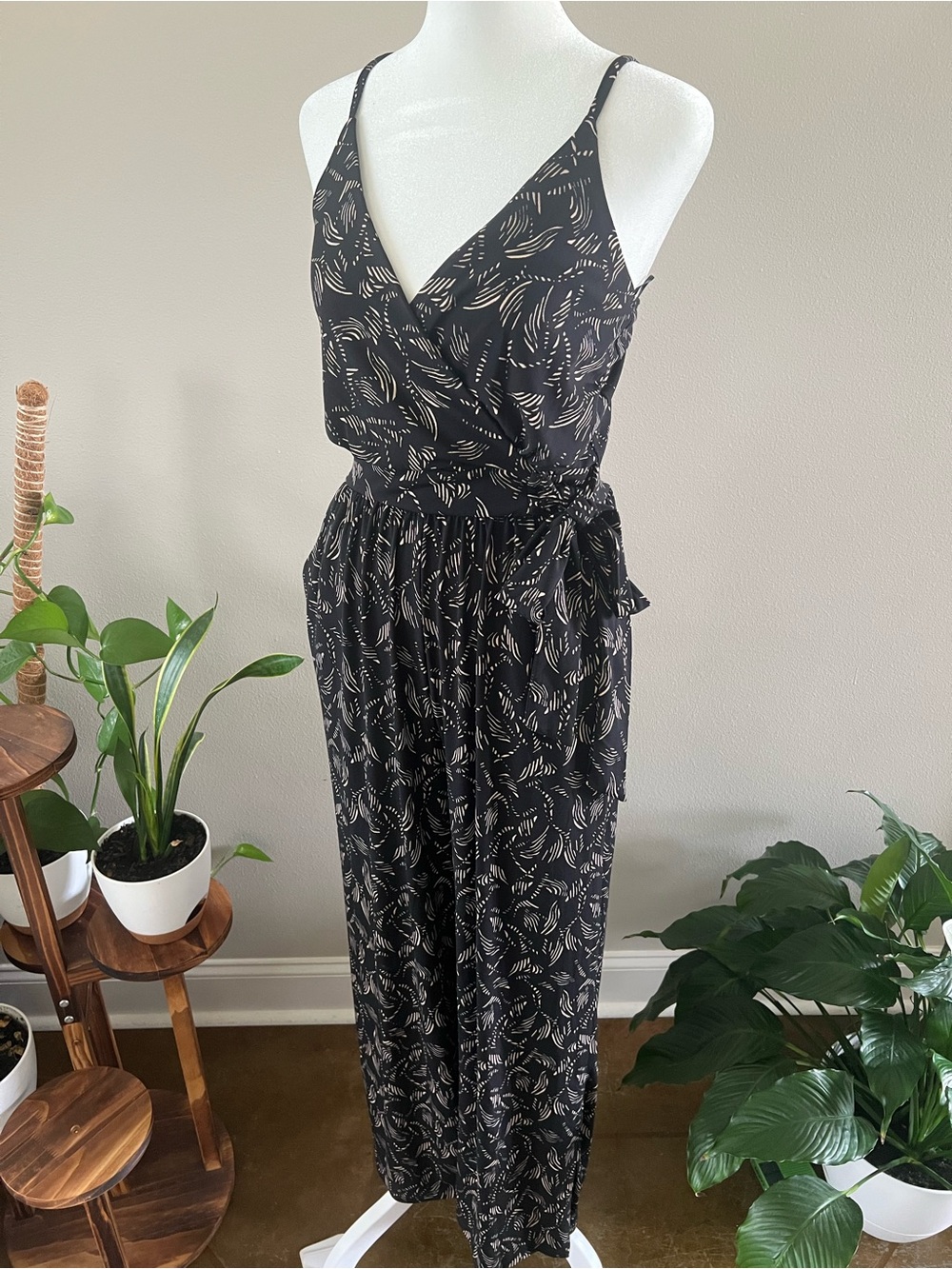 Kaileigh Black Printed Wrap-Front Jumpsuit